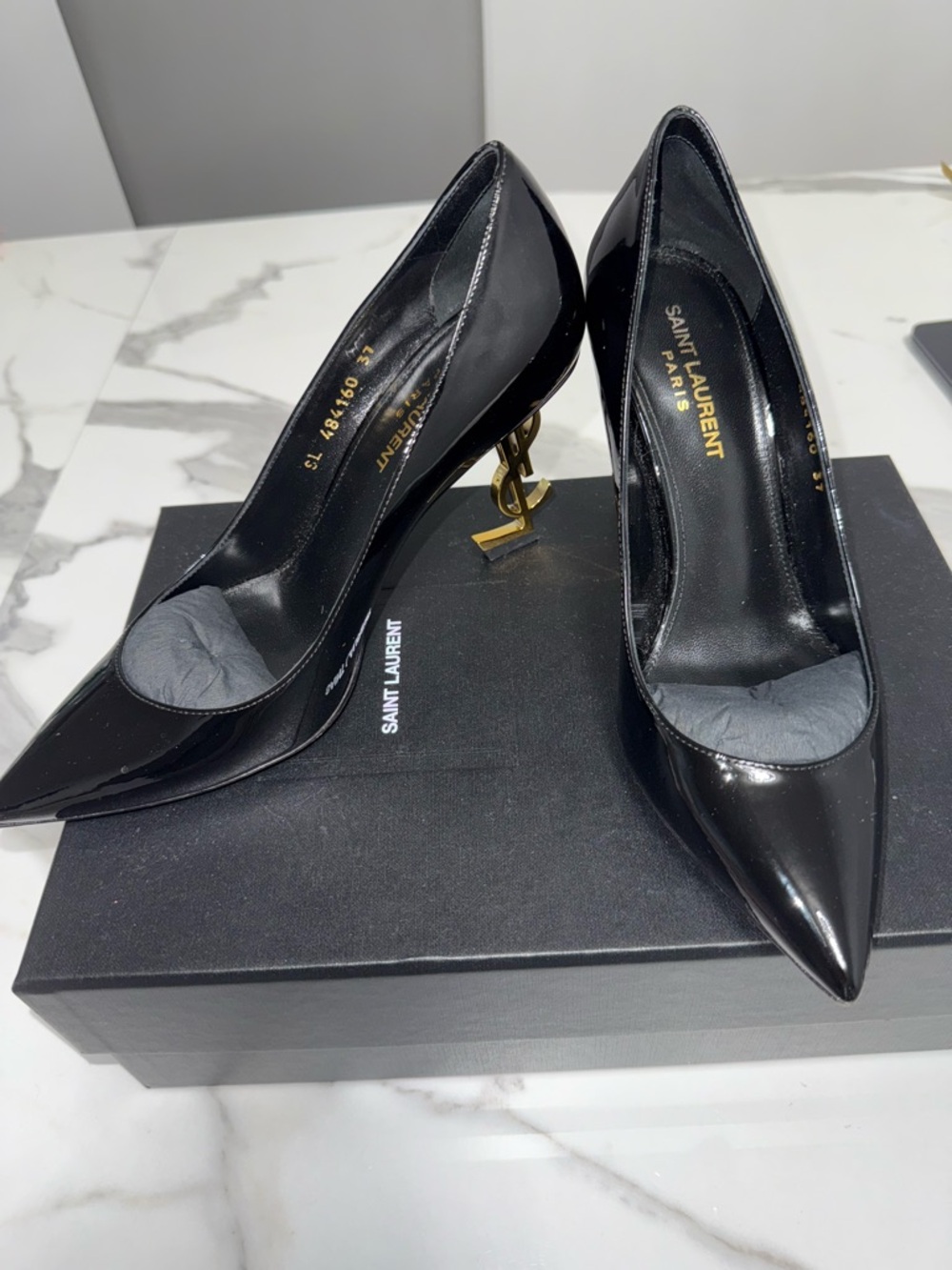 Saint Laurent Opyum 8.5cm Heel Pumps Black Leather Gold YSL Heel Size 7